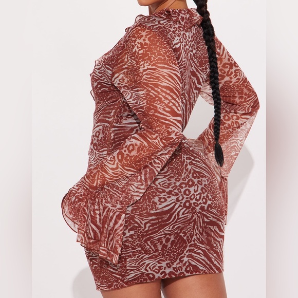 Animal Print Long Sleeve Mesh Mini Dress - Picture 2 of 6